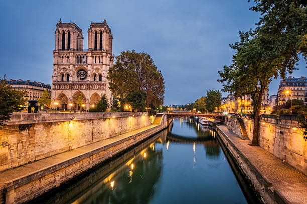 notre dame und seine, paris - travel europe night dome stock-fotos und bilder