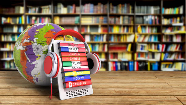 illustrazioni stock, clip art, cartoni animati e icone di tendenza di e-boock con lingue di apprendimento audio globe 3d rendering immagine suc - british culture audio