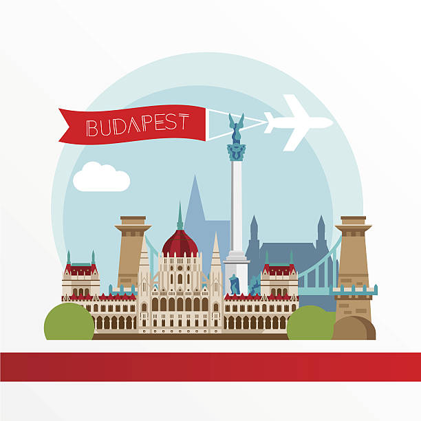 ilustraciones, imágenes clip art, dibujos animados e iconos de stock de budapest silueta detallada. puntos de referencia coloridos con estilo de moda. - budapest parliament building hungary government