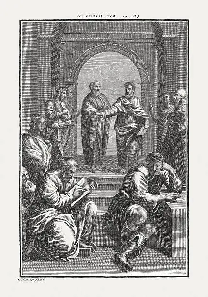 Paul at Athens (Acts 17). Copper engraving by Carl Schuler after Raphael, published c. 1850.