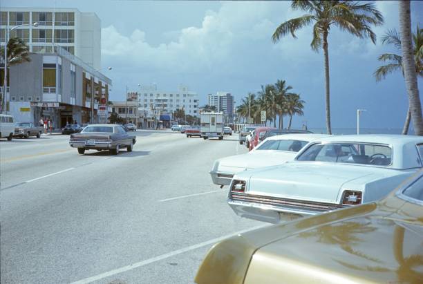 Miami, street scene, Florida Miami, Florida, USA, 1976. Street scene in front of the Miami Beach Coast.  miami photos stock pictures, royalty-free photos & images