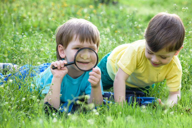 istock Two boys brothers with magnifying glass outdoors. 639819556