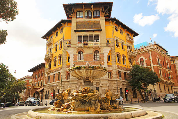 Rome, Italy - May 2, 2016: Beautiful buildings of the Quartiere Coppede, the smallest district of Rome. Coppede is a mix of many architectural styles, designed and built by an architect Gino Coppedè between 1913 and 1927.