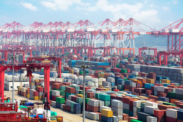 Industrial port with containers stock photo