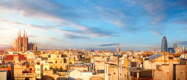 Panoramic view of Barcelona city with La Sagrada Familia cathedral