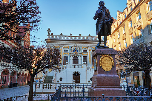 Statue of Johann Wolfgang Goethe in Leipzig. Goethe monument at Naschplatz in Leipzig.