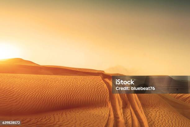 Desert Sand Dunes Road At Sunset Stock Photo - Download Image Now - Desert Area, Egypt, Dirt Road