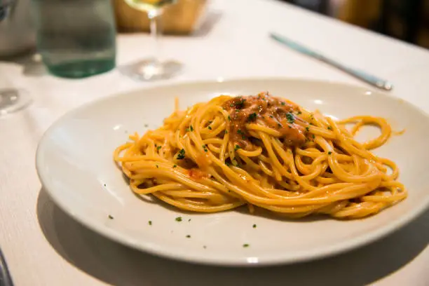 The spaghetti or linguine with urchin are tipical cuisin form sardinia and sicily. The month to eat it is from september to april; good appetite..!!
