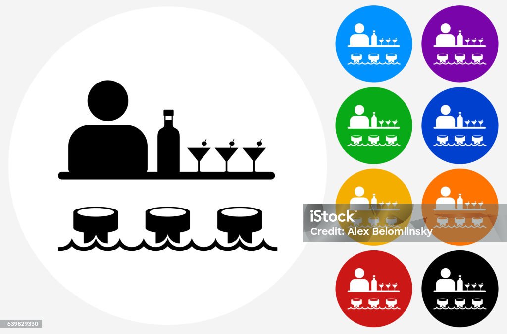 Bar and Bartender Icon on Flat Color Circle Buttons Bar and Bartender Icon on Flat Color Circle Buttons. This 100% royalty free vector illustration features the main icon pictured in black inside a white circle. The alternative color options in blue, green, yellow, red, purple, indigo, orange and black are on the right of the icon and are arranged in two vertical columns. Alcohol - Drink stock vector