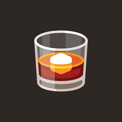 Whiskey on the rocks icon. Scotch brandy glass with ice cube, vector illustration in simple flat cartoon style.