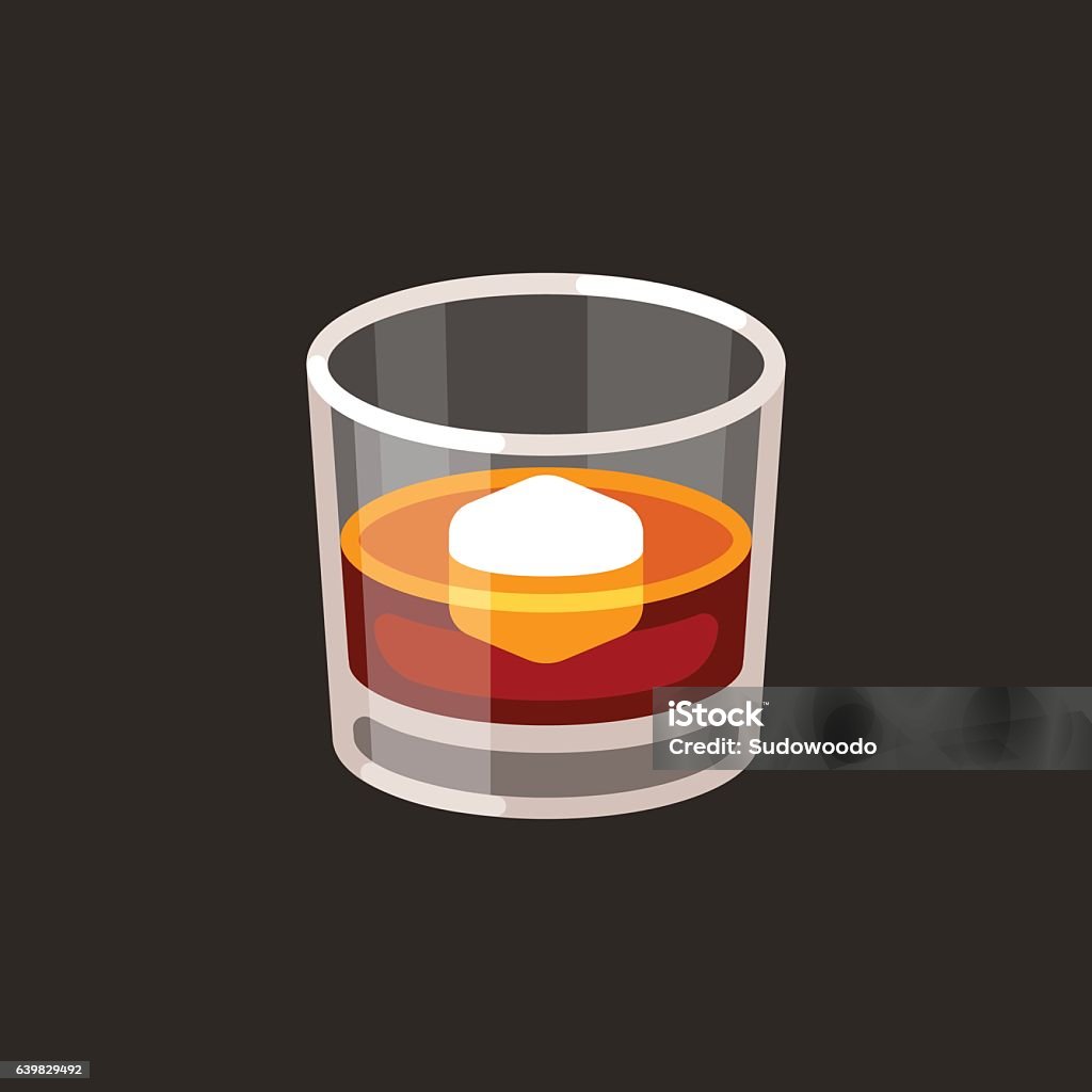 Whiskey glass with ice Whiskey on the rocks icon. Scotch brandy glass with ice cube, vector illustration in simple flat cartoon style. Drinking Glass stock vector