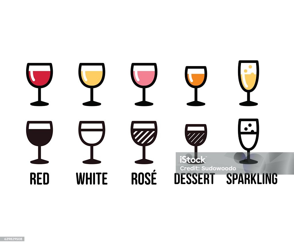 Wine types icon set Wine types icon set. Red, white and rose wine glasses, dessert and sparkling. Color and black line vector illustration. Wineglass stock vector