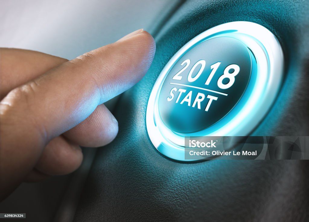 Start, Two Thousand Eighteen. Hand pressing a 2018 start button. Concept of new year, two thousand eighteen. Composite between a photography and a 3D background. Horizontal image Beginnings stock illustration