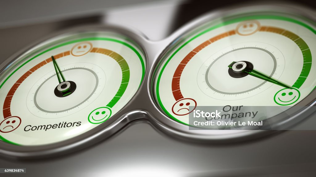 Benchmark or Comparative Advertising Conceptual 3D illustration of two gauges with text competitors and our company to measure performance,  horizontal image. Concept of business benchmark or comparative advertising Competition Stock Photo