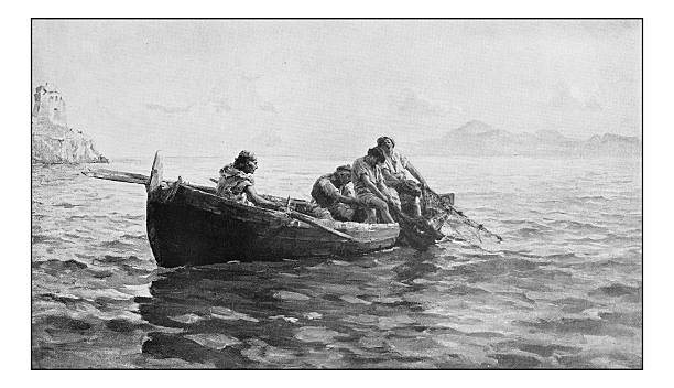 Antique dotprinted photograph of painting: Fishermen Antique dotprinted photograph of painting: Fishermen fisherman photos stock illustrations
