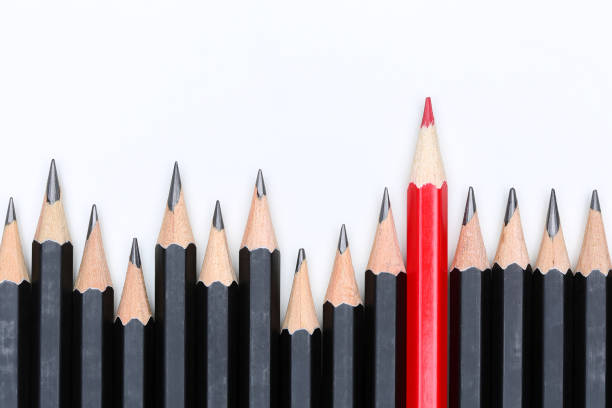 Red pencil standing out from crowd of plenty identical fellows Red pencil standing out from crowd of plenty identical black fellows on white background. Leadership, uniqueness, independence, initiative, strategy, dissent, think different, business success concept chief leader photos stock pictures, royalty-free photos & images