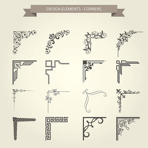 빈티지 코너 비네팅 세트 - 프레임 테두리 번성 패턴 - curled up decoration ornate design stock illustrations
