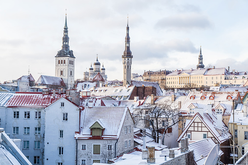 Part of the Tallinn Skyline in the winter showing St. Nicholas' Church, Alexander Nevsky Cathedral and part of Town Hall Tower