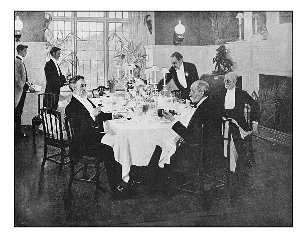 Antique dotprinted photograph of painting: Formal dinner Antique dotprinted photograph of painting: Formal dinner waiter photos stock illustrations