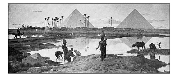 Antique dotprinted photograph of painting: Egypt Antique dotprinted photograph of painting: Egypt pyramid photos stock illustrations
