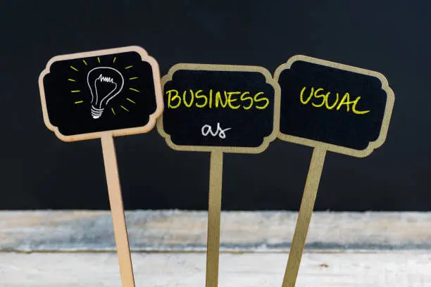 Concept message BUSINESS AS USUAL and light bulb as symbol for idea written with chalk on wooden mini blackboard labels, defocused chalkboard and wood table in background