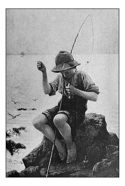 antike dotprinted fotografie der malerei: junge fischer - fischen fotos stock-grafiken, -clipart, -cartoons und -symbole