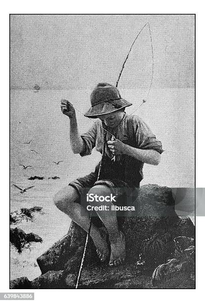 Antique Dotprinted Photograph Of Painting Boy Fisherman Stock Illustration - Download Image Now