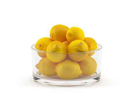 Digitally generated glass bowl of lemon fruits isolated on white background.