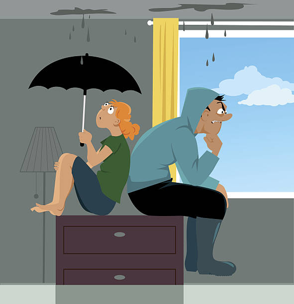 Leaking roof Family sitting on a dresser in a flooded living room of their house, ceiling is leaking, EPS 8 vector illustration flooded home stock illustrations