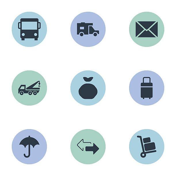 ilustrações de stock, clip art, desenhos animados e ícones de set of 9 simple distribution icons. - luggage cart