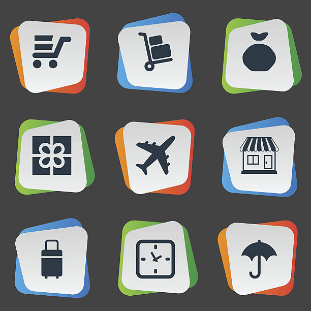 ilustrações de stock, clip art, desenhos animados e ícones de set of 9 simple conveyance icons. - luggage cart