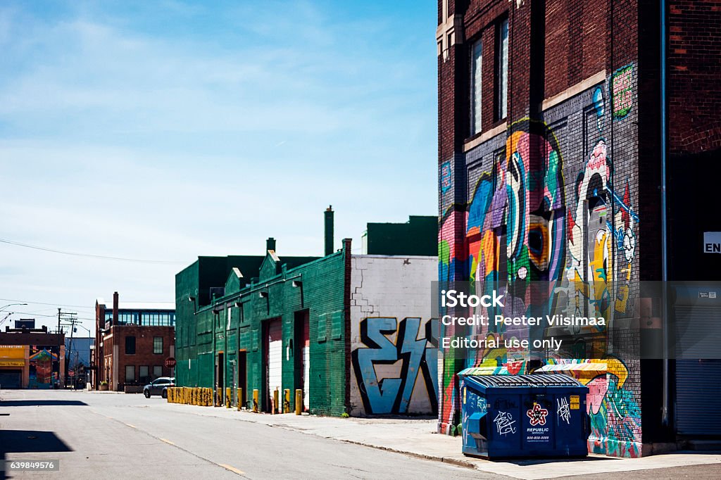 Eastern Market. Detroit, Michigan. Detroit, Michigan, USA- April 24, 2016: Colourful warehouses in famous Eastern Market district in Detroit. Local and internationally recognised art galleries, studios and other creative spaces have recently established nearby. Detroit - Michigan Stock Photo
