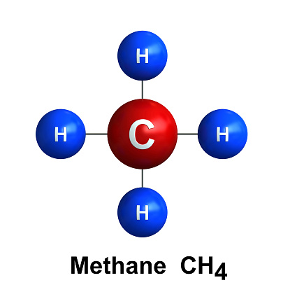 3d render of molecular structure of methane isolated over white background Atoms are represented as spheres with color and chemical symbol coding: hydrogen(H) - blue, carbon(C) - red