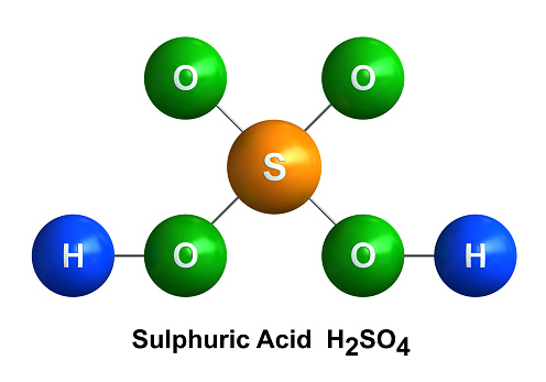 3d render of molecular structure of sulfuric acid isolated over white background Atoms are represented as spheres with color and chemical symbol coding: hydrogen(H) - blue, oxygen(O) - green, sulfur(S) - orange.