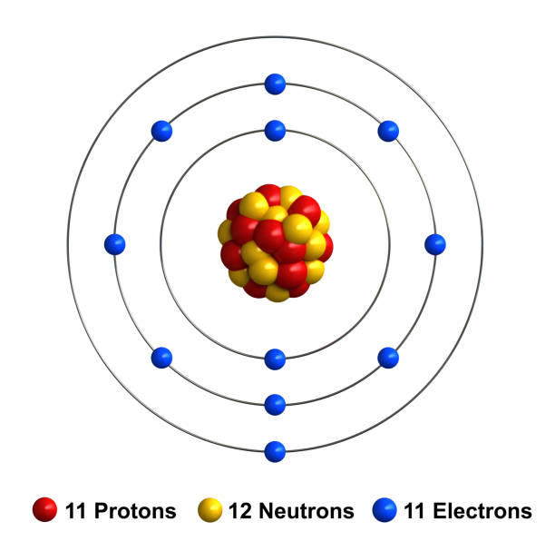 Sodium 3d render of atom structure of sodium isolated over white background Protons are represented as red spheres, neutron as yellow spheres, electrons as blue spheres sodium stock pictures, royalty-free photos & images