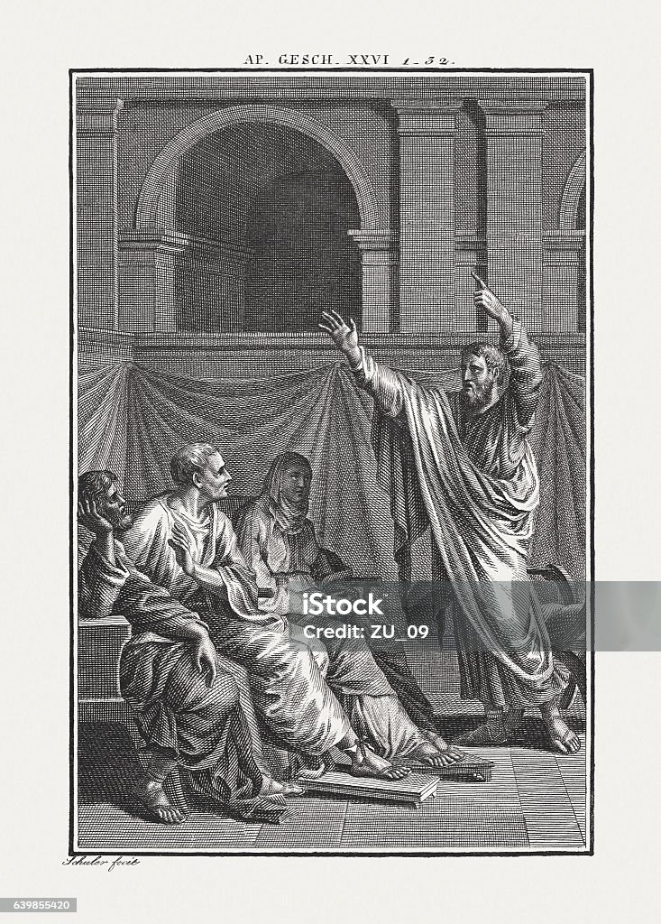 Paul before Festus and Agrippa (Acts 26), published c. 1850 Paul before Festus and Agrippa (Acts 26). Copper engraving by Carl Schuler, published c. 1850. Apostle - Worshipper Stock Photo