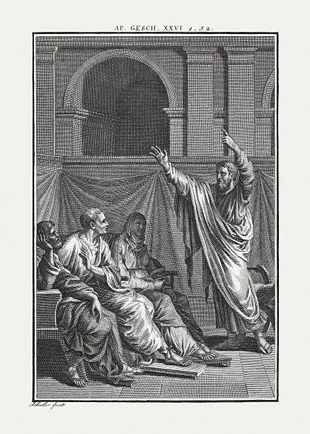 Paul before Festus and Agrippa (Acts 26). Copper engraving by Carl Schuler, published c. 1850.
