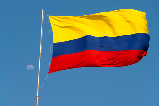 Flag of Colombia to the wind Cartagena de Indias, Colombia. Castillo San Felipe de Barajas