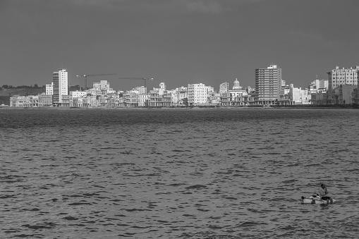  Havana, Cuba - March 26, 2016: Black and white photography of a fisherman on a white raft floating next to the Malecon. In the backgorund, some old buildings of the cityscape of The Havana