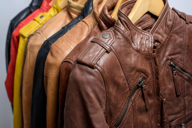 istock Different color leather jacket hanging on rack 639856300