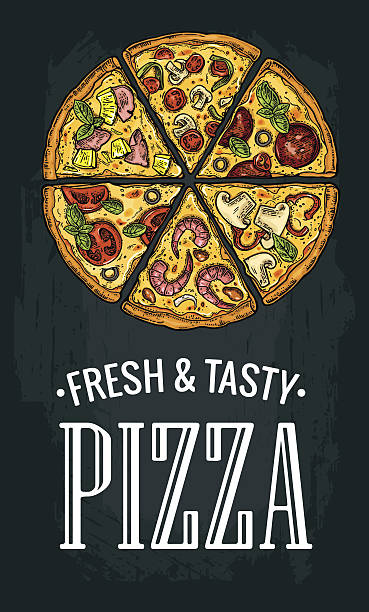 Vertical poster slice pizza Pepperoni, Hawaiian, Margherita, Mexican, Seafood, Capricciosa. Vertical poster with slice pizza Pepperoni, Hawaiian, Margherita, Mexican, Seafood, Capricciosa. Vintage vector colorful engraving illustration. For menu, box. Isolated on dark background sketch restaurant stock illustrations