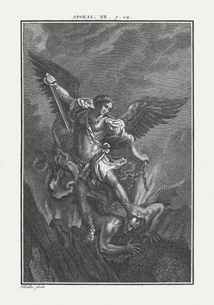 Michael and his angels fought against the dragon (Revelation 12). Copper engraving by Carl Schuler, published by Herdersche Kunst- und Buchhandlung, Freiburg c. 1850.
