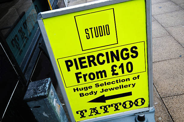 Bright yellow street sign pointing the way to an adjacent shop where piercings, tattoo's and body jewellery may be obtained.