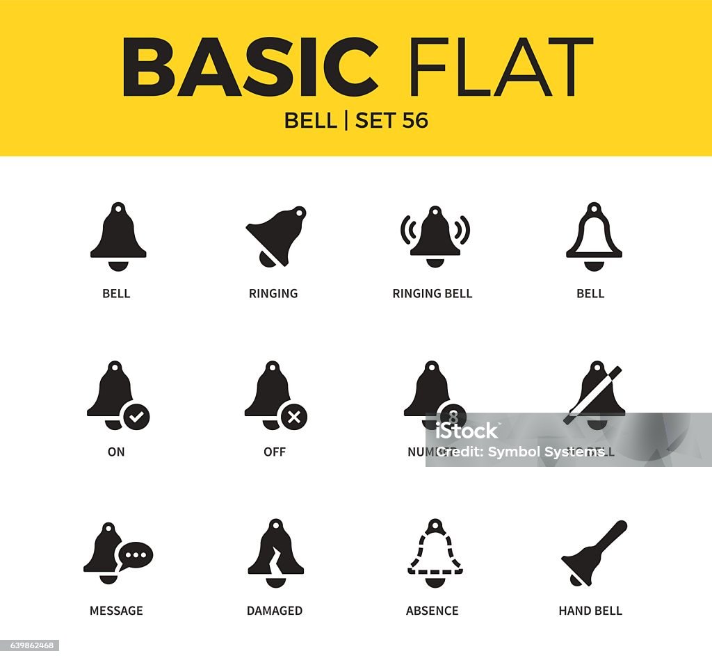 Basic set of bell icons Basic set of off bell form, ringing bell form and on bell form icons. Modern flat pictogram collection. Vector material design concept, web symbols and logo concept. Bell stock vector