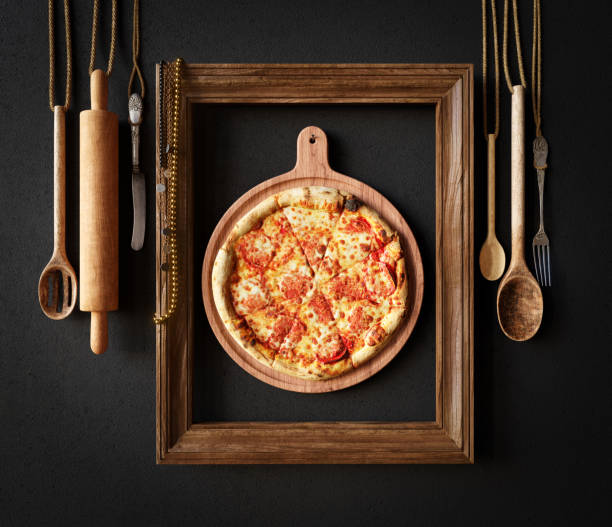 Hot pizza slice with melting cheese with frame concept  photo stock photo