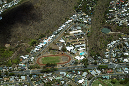 Aerial view of Kalani High School and Surrounding Area on Oahu, Hawaii.