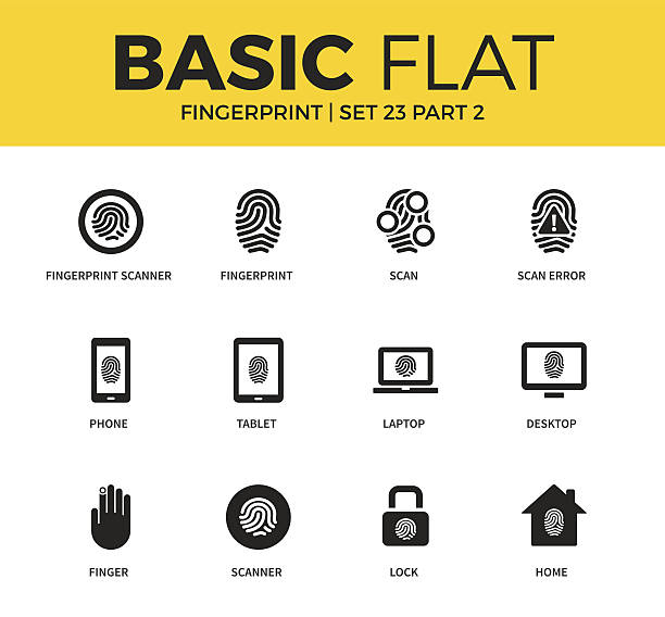 illustrazioni stock, clip art, cartoni animati e icone di tendenza di set di base di icone delle impronte digitali - biometrics fingerprint identity flat bed scanner