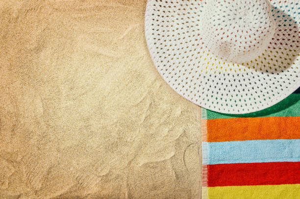istock Top view towel on sandy beach. Background with copy space 639866510