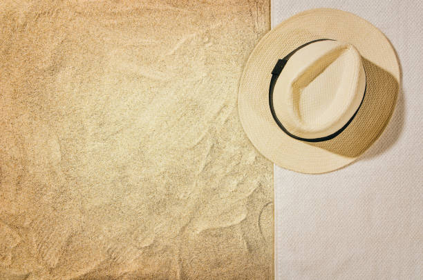 istock Top view towel on sandy beach. Background with copy space 639866568