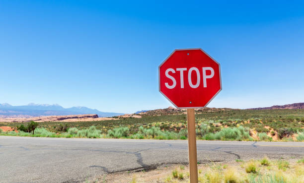 istock Stop sign on valley road 639870944